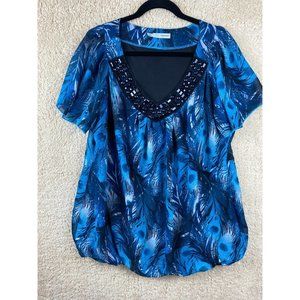 Maurices Womens Plus Sz 2 Blue Tones Feathers Beaded Neckline Short Sleeve Top